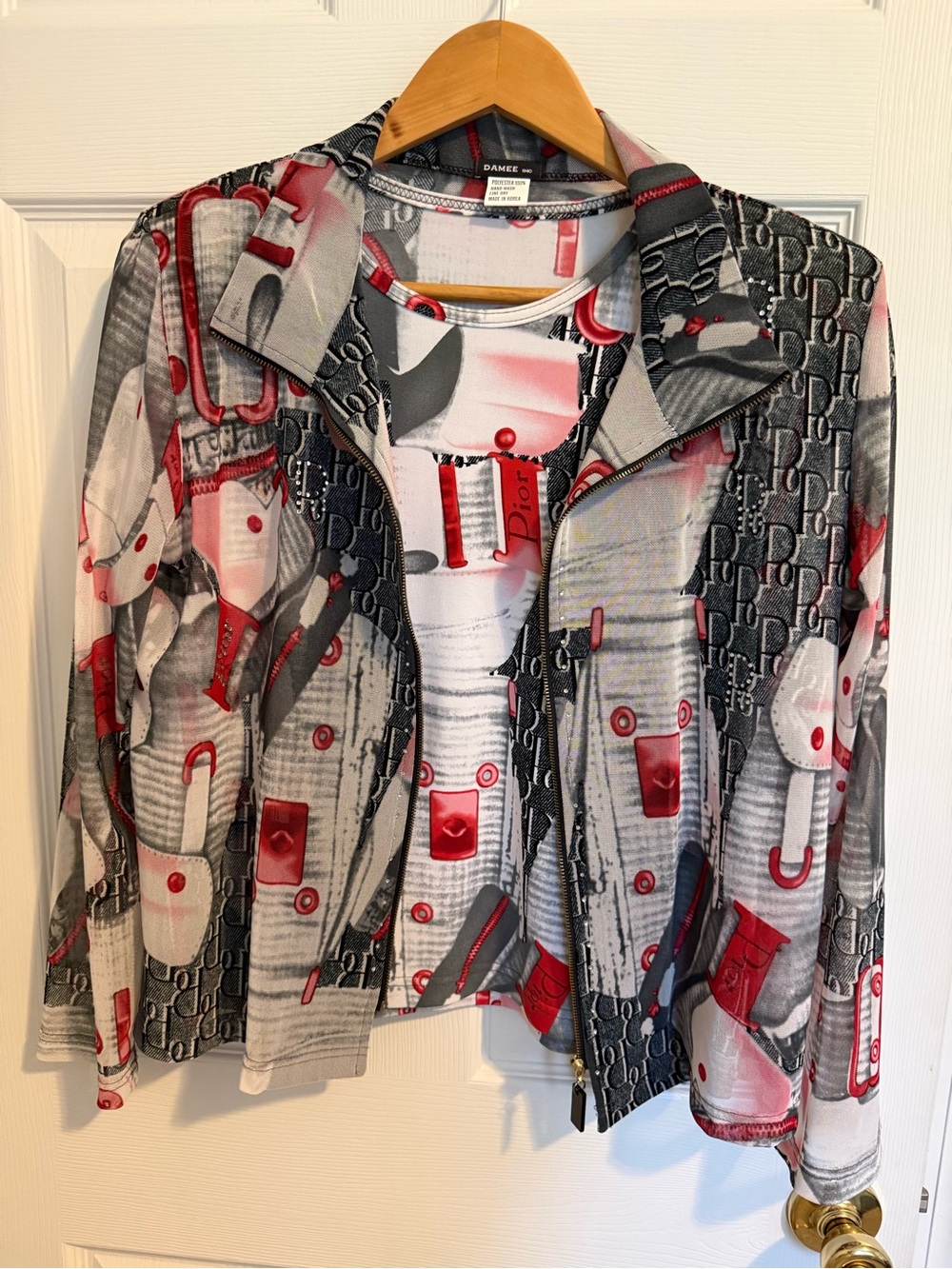 Damee, Inc Printed Zip Front Jacket & short sleeved Set - Gray, Black & Red